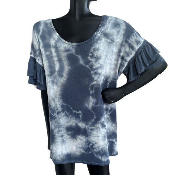 3/$25 🆕 Hand Tie-Dyed Ruffle Sleeve Tee | Dark Denim Turquoise | Rayon - Picture 3 of 5